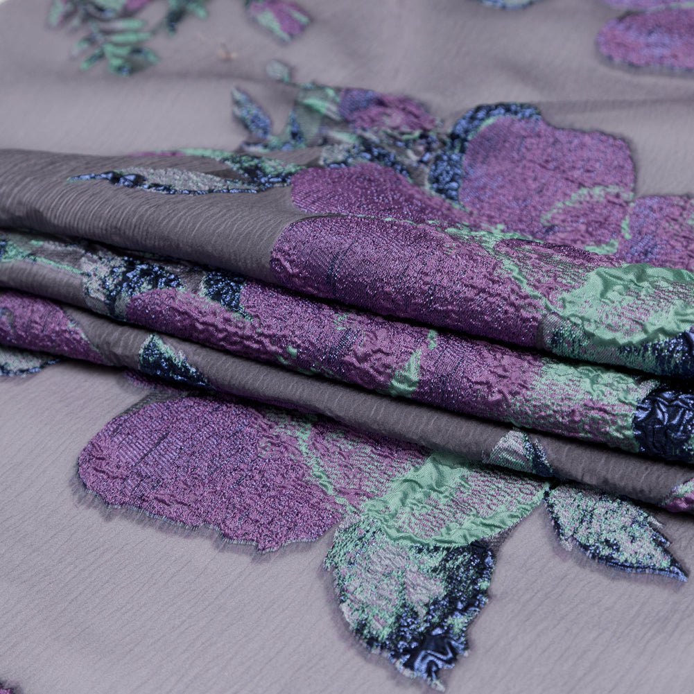 Metallic Blue Morpho, Periscope, Dark Ivy and Purple Gumdrop Floral Luxury Organza Brocade - Folded Metallic Blue Morpho, Periscope, Dark Ivy and Purple Gumdrop Floral Luxury Organza Brocade - Folded