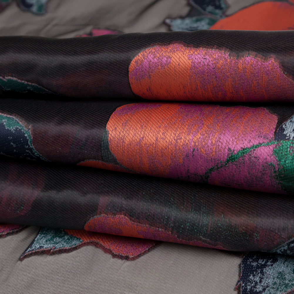 Metallic Evergreen, Cinnamon Stick and Boysenberry Floral Luxury Organza Jacquard - Folded Metallic Evergreen, Cinnamon Stick and Boysenberry Floral Luxury Organza Jacquard - Folded