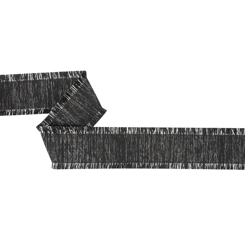 Italian Black and Silver Metallic Grosgrain Ribbon with Fringe - 1.4375 Italian Black and Silver Metallic Grosgrain Ribbon with Fringe - 1.4375