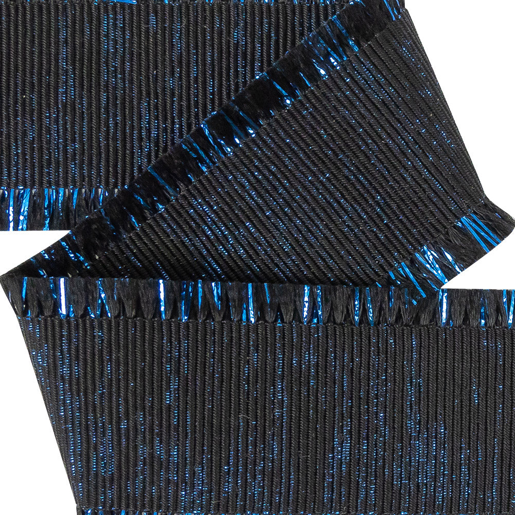 Italian Black and Magnetic Blue Metallic Grosgrain Ribbon with Fringe - 1.4375 - Detail Italian Black and Magnetic Blue Metallic Grosgrain Ribbon with Fringe - 1.4375 - Detail