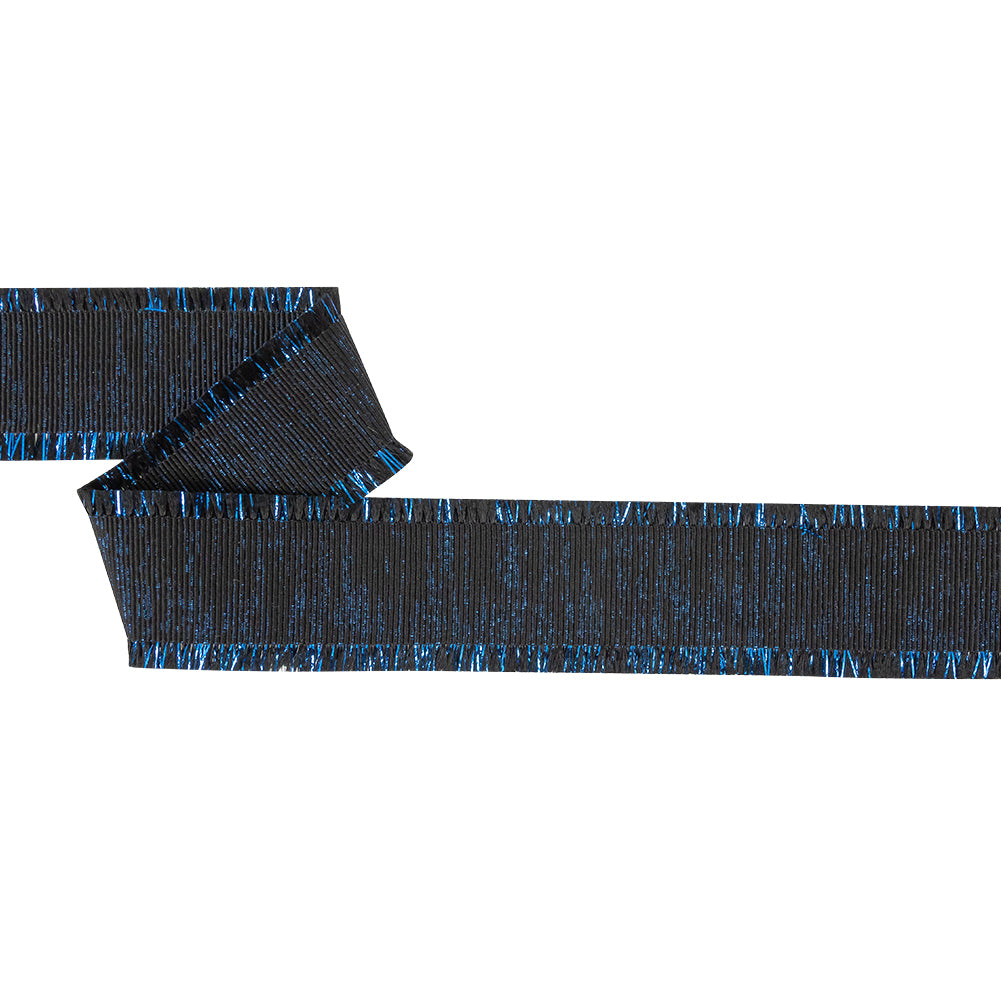 Italian Black and Magnetic Blue Metallic Grosgrain Ribbon with Fringe - 1.4375 Italian Black and Magnetic Blue Metallic Grosgrain Ribbon with Fringe - 1.4375