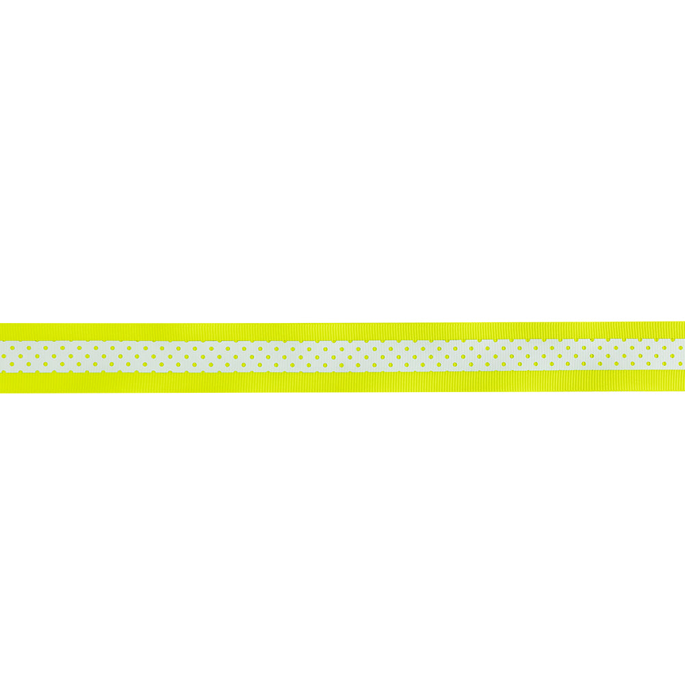 Italian Neon Yellow and White Polka Dot Striped Petersham Grosgrain Ribbon - 1 Italian Neon Yellow and White Polka Dot Striped Petersham Grosgrain Ribbon - 1