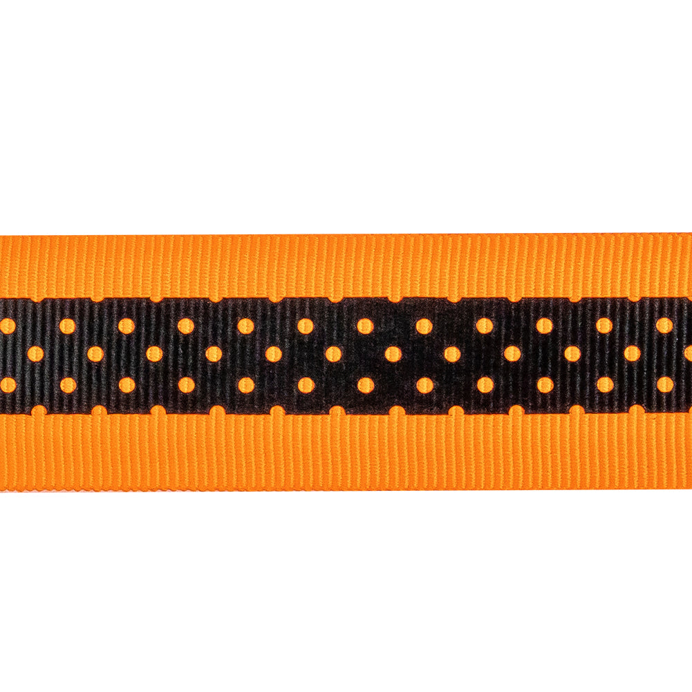 Italian Neon Orange and Black Polka Dot Striped Petersham Grosgrain Ribbon - 1" Detail Italian Neon Orange and Black Polka Dot Striped Petersham Grosgrain Ribbon - 1" Detail