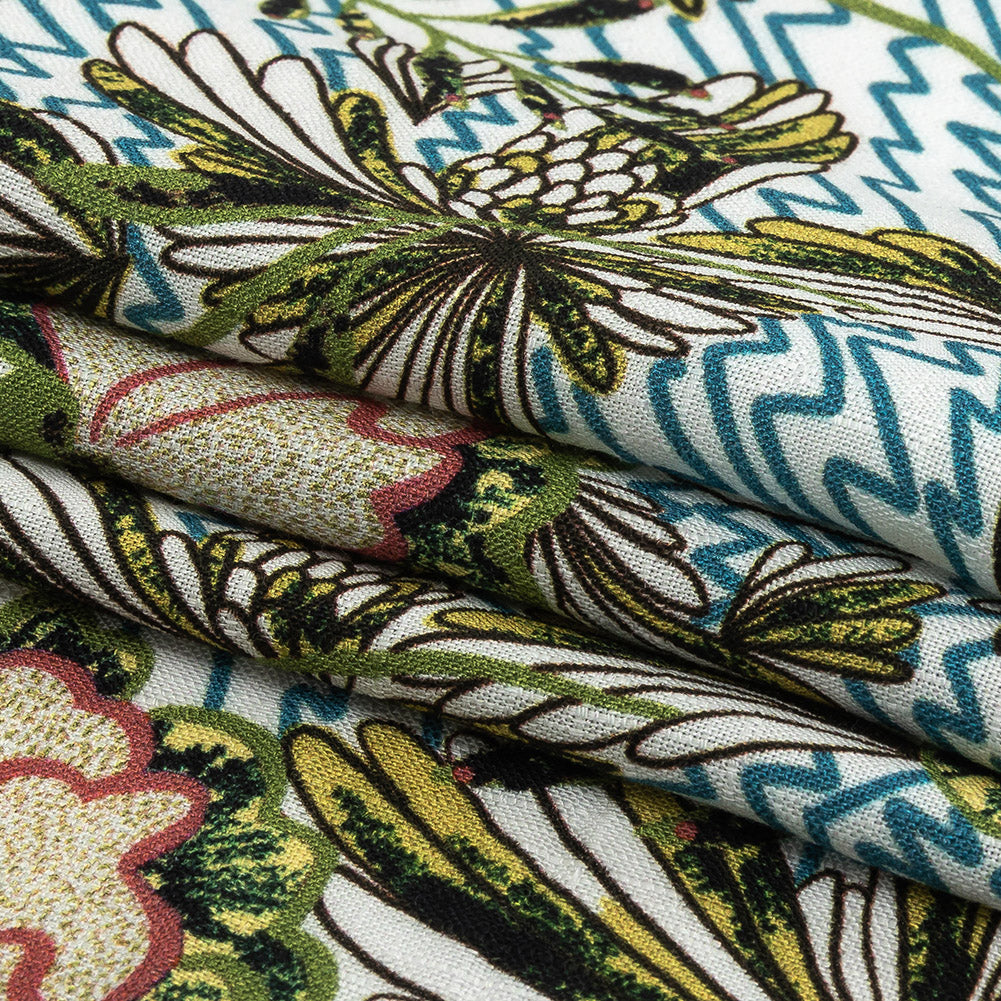 Mood Exclusive Turquoise and Green Retro Blossoms Slubbed Viscose Woven - Folded Mood Exclusive Turquoise and Green Retro Blossoms Slubbed Viscose Woven - Folded