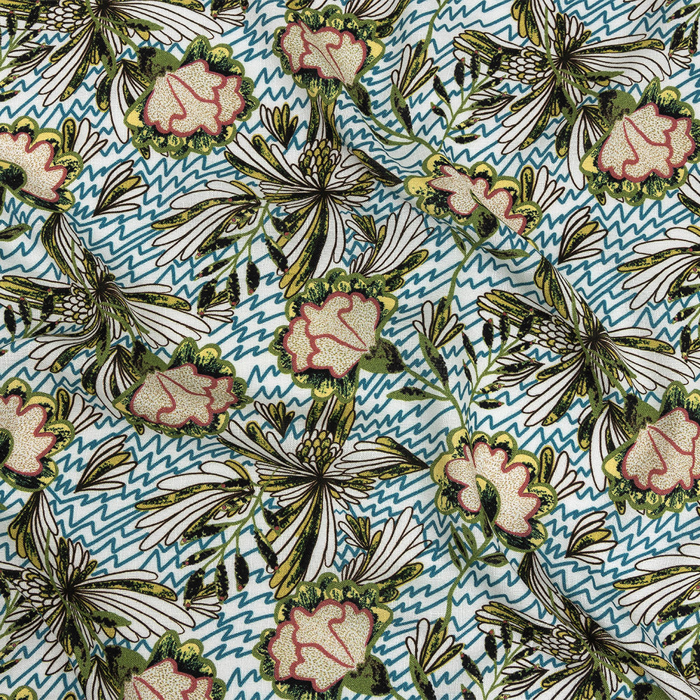 Mood Exclusive Turquoise and Green Retro Blossoms Slubbed Viscose Woven Mood Exclusive Turquoise and Green Retro Blossoms Slubbed Viscose Woven