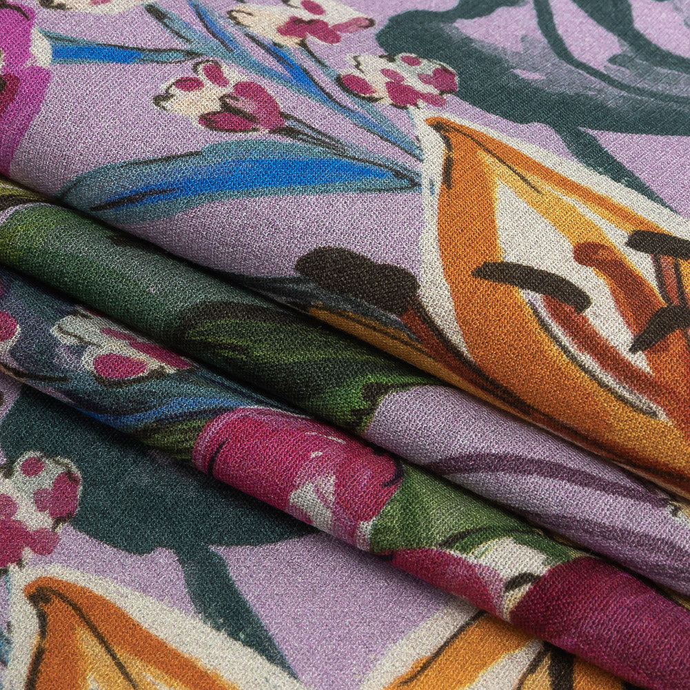 Sustainable Viscose Woven Print - Lavender and Multicolor Floral - Mood Exclusive Flowering Fantasy Detail Sustainable Viscose Woven Print - Lavender and Multicolor Floral - Mood Exclusive Flowering Fantasy Detail