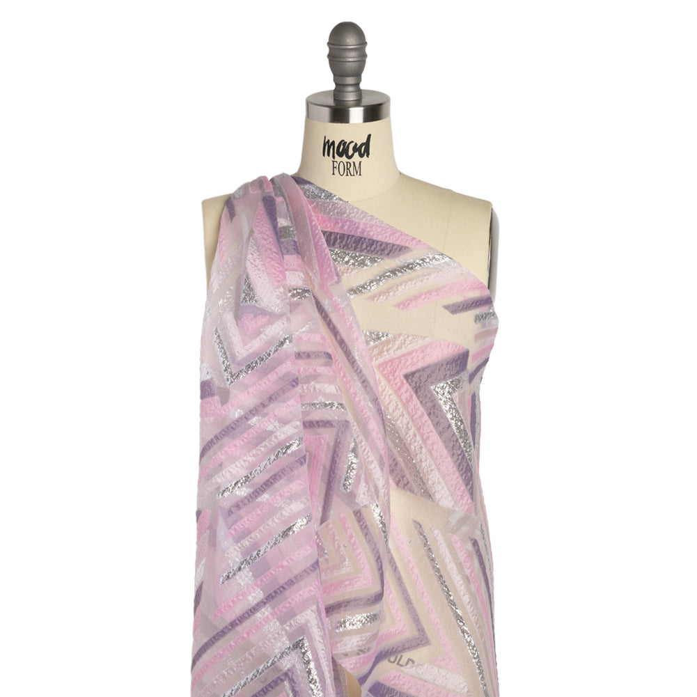 Metallic Silver, Pink and Mauve Chevrons and Arrows Luxury Burnout Brocade - Detail Metallic Silver, Pink and Mauve Chevrons and Arrows Luxury Burnout Brocade - Detail