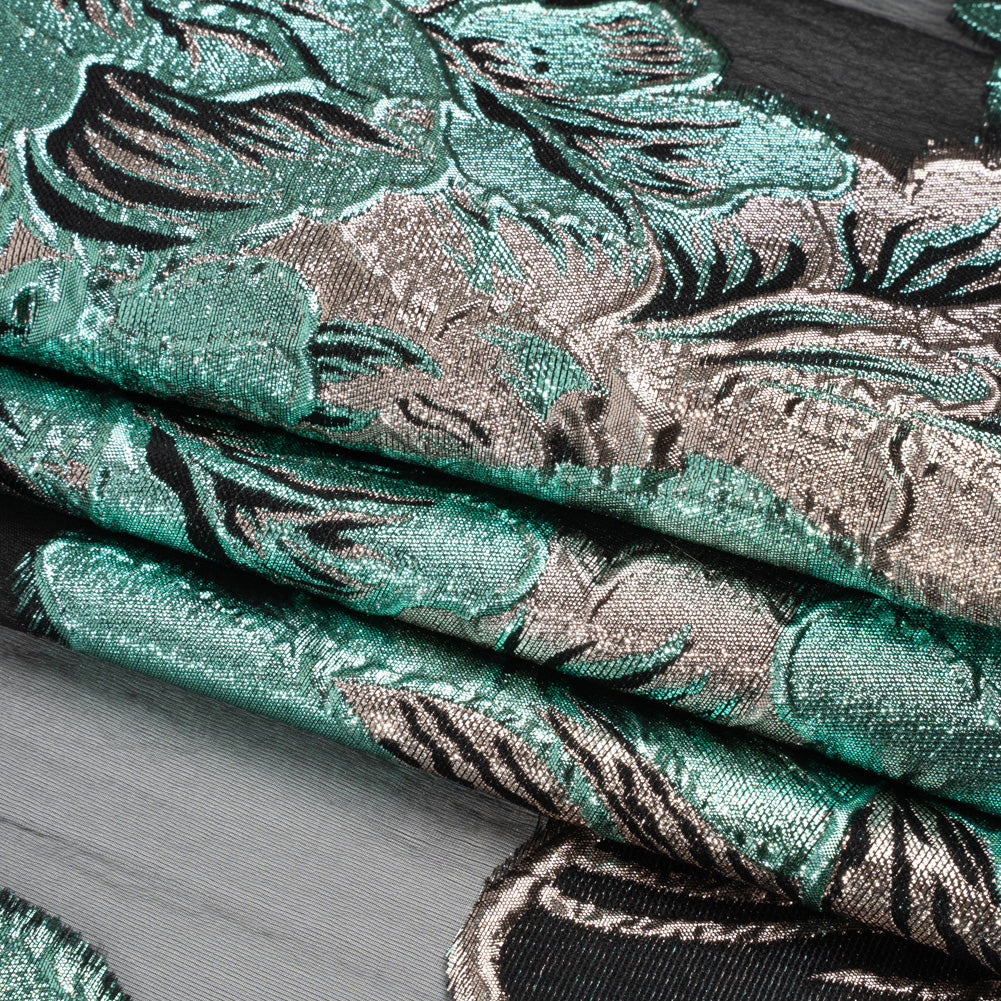 Metallic Rose Gold, Aqua and Black Fantastic Flowers Luxury Burnout Brocade Full Metallic Rose Gold, Aqua and Black Fantastic Flowers Luxury Burnout Brocade Full