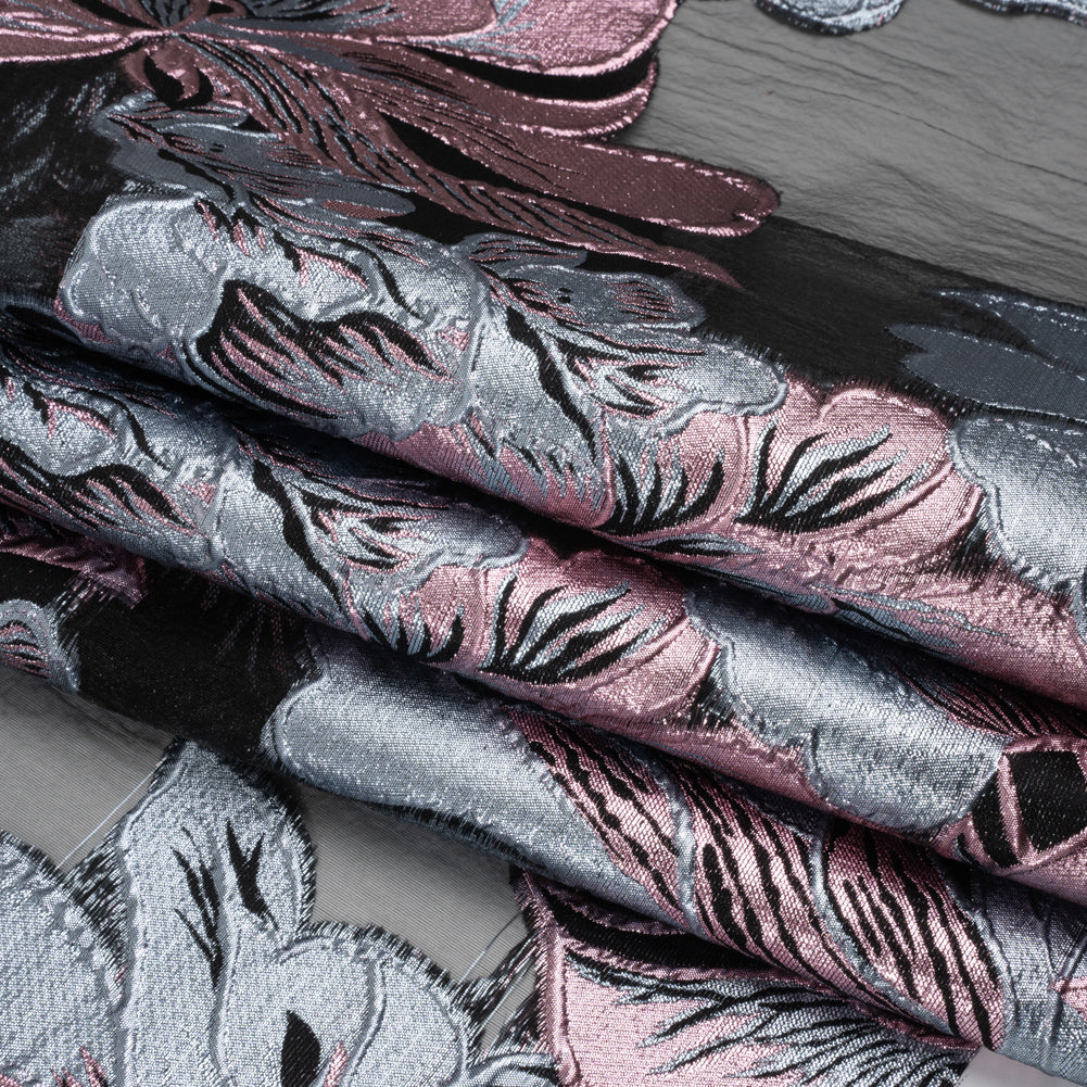 Metallic Pink, Blue Gray and Black Fantastic Flowers Luxury Burnout Brocade Full Metallic Pink, Blue Gray and Black Fantastic Flowers Luxury Burnout Brocade Full