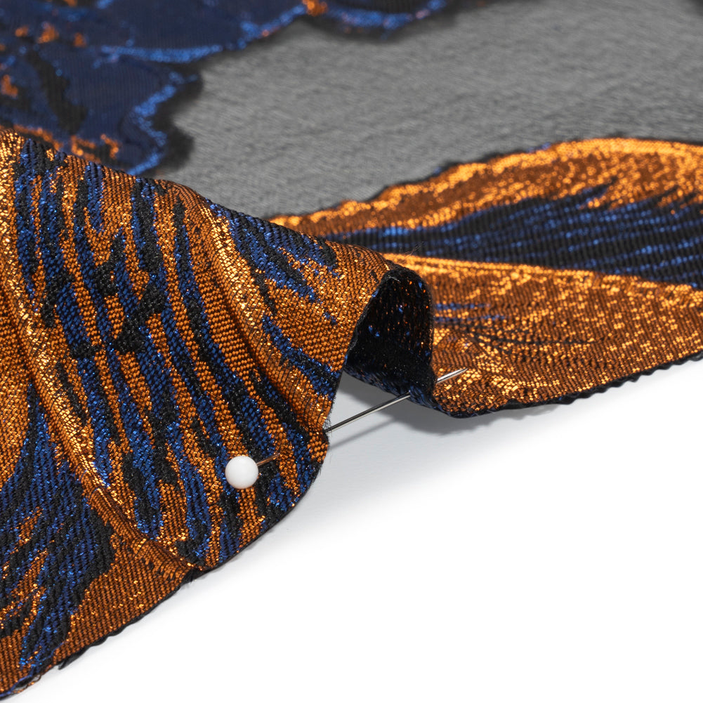 Metallic Royal Blue, Orange and Black Fantastic Flowers Luxury Burnout Brocade Folded Metallic Royal Blue, Orange and Black Fantastic Flowers Luxury Burnout Brocade Folded