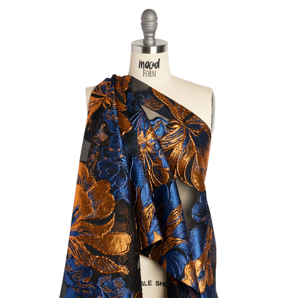 Metallic Royal Blue, Orange and Black Fantastic Flowers Luxury Burnout Brocade Detail Metallic Royal Blue, Orange and Black Fantastic Flowers Luxury Burnout Brocade Detail