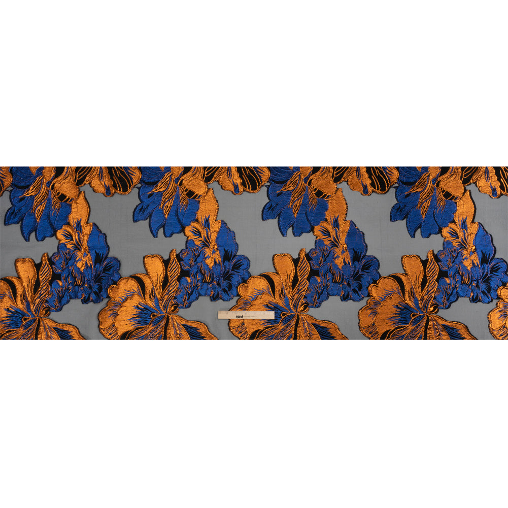 Metallic Royal Blue, Orange and Black Fantastic Flowers Luxury Burnout Brocade Drape Metallic Royal Blue, Orange and Black Fantastic Flowers Luxury Burnout Brocade Drape