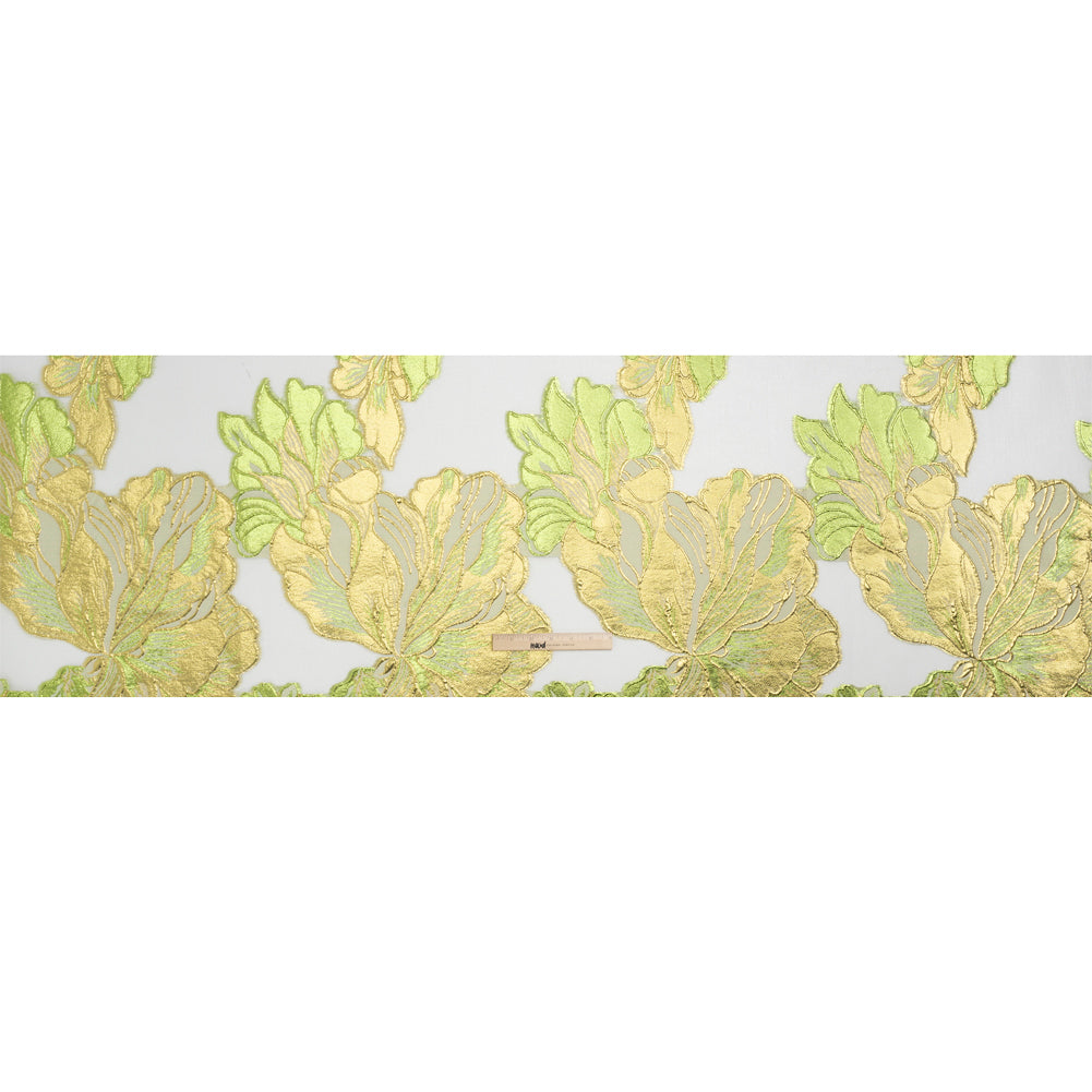 Metallic Lime, Gold and White Fantastic Flowers Luxury Burnout Brocade - Drape Metallic Lime, Gold and White Fantastic Flowers Luxury Burnout Brocade - Drape