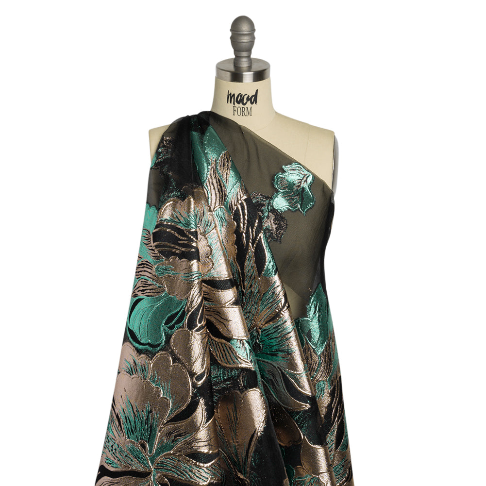 Metallic Turquoise, Silver and Black Floral Luxury Burnout Brocade Panel - Detail Metallic Turquoise, Silver and Black Floral Luxury Burnout Brocade Panel - Detail