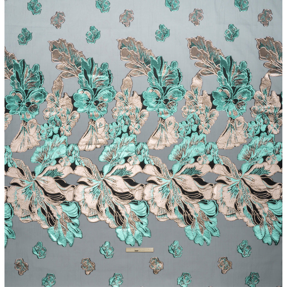 Metallic Turquoise, Silver and Black Floral Luxury Burnout Brocade Panel - Drape Metallic Turquoise, Silver and Black Floral Luxury Burnout Brocade Panel - Drape