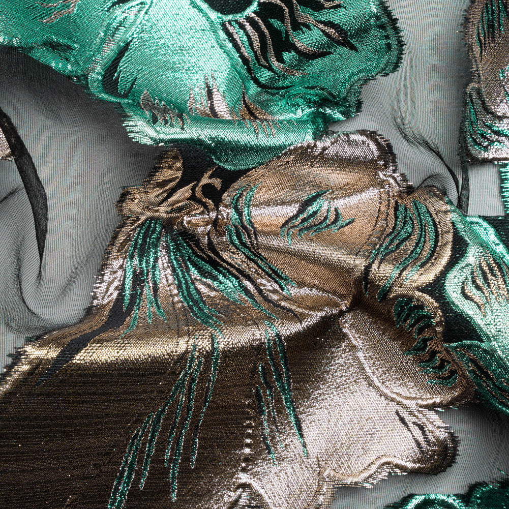 Metallic Turquoise, Silver and Black Floral Luxury Burnout Brocade Panel Metallic Turquoise, Silver and Black Floral Luxury Burnout Brocade Panel