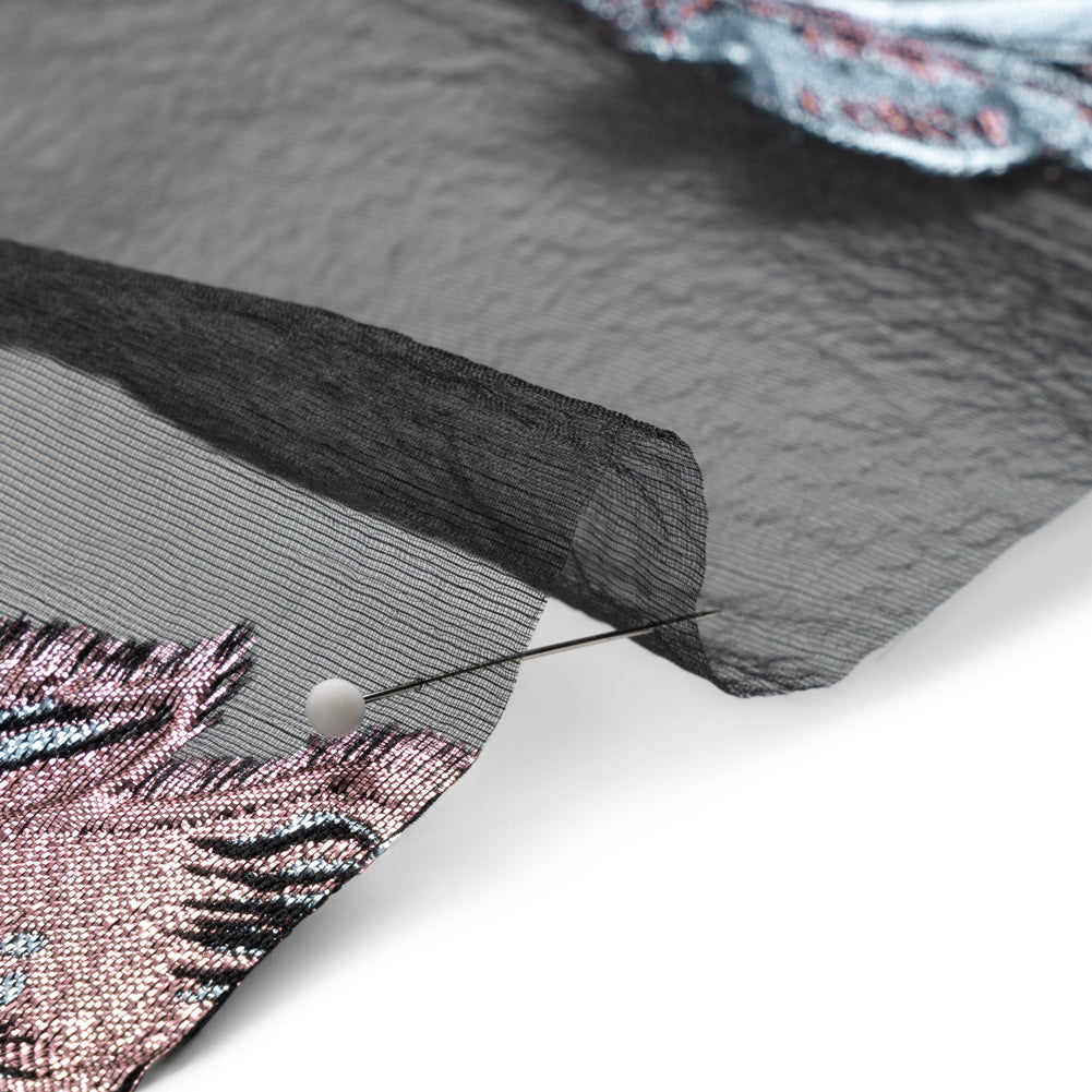Metallic Pink, Baby Blue and Black Floral Luxury Burnout Brocade Panel - Folded Metallic Pink, Baby Blue and Black Floral Luxury Burnout Brocade Panel - Folded