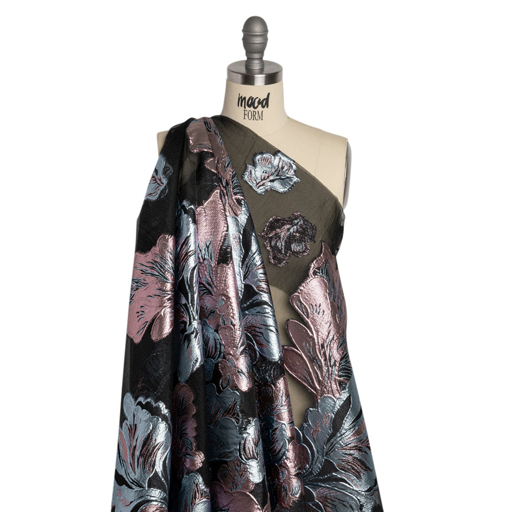 Metallic Pink, Baby Blue and Black Floral Luxury Burnout Brocade Panel - Detail Metallic Pink, Baby Blue and Black Floral Luxury Burnout Brocade Panel - Detail