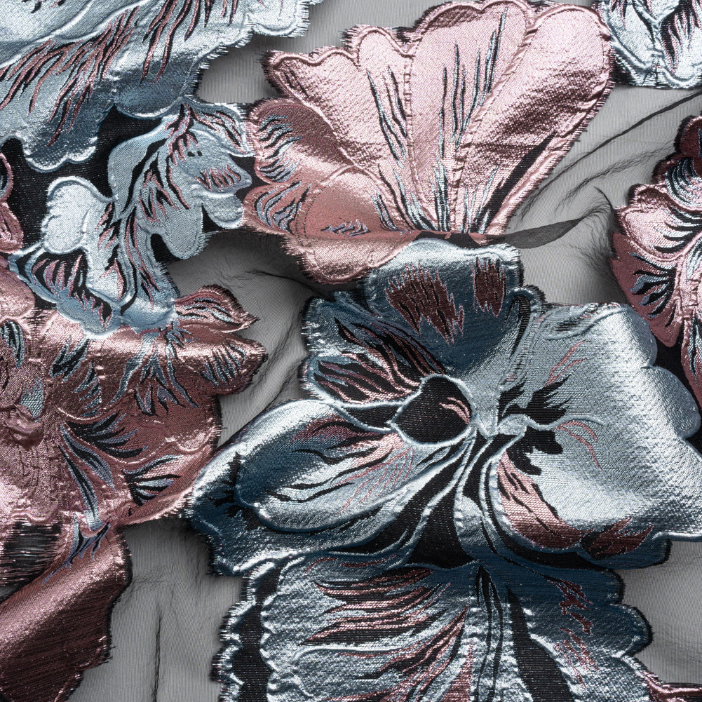 Metallic Pink, Baby Blue and Black Floral Luxury Burnout Brocade Panel Metallic Pink, Baby Blue and Black Floral Luxury Burnout Brocade Panel