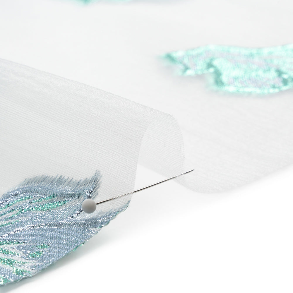 Metallic Turquoise, Baby Blue and White Floral Luxury Burnout Brocade Panel - Folded Metallic Turquoise, Baby Blue and White Floral Luxury Burnout Brocade Panel - Folded