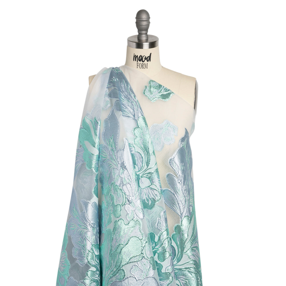 Metallic Turquoise, Baby Blue and White Floral Luxury Burnout Brocade Panel - Detail Metallic Turquoise, Baby Blue and White Floral Luxury Burnout Brocade Panel - Detail