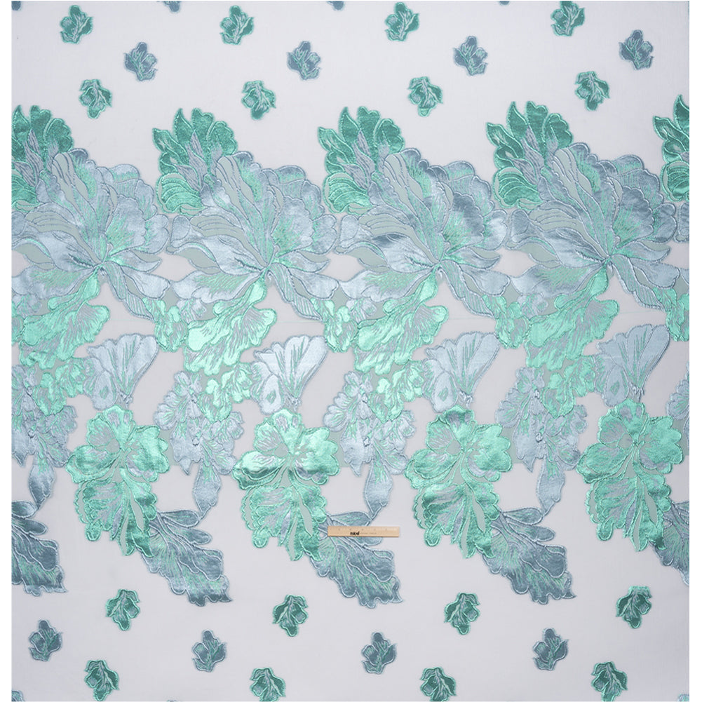 Metallic Turquoise, Baby Blue and White Floral Luxury Burnout Brocade Panel - Drape Metallic Turquoise, Baby Blue and White Floral Luxury Burnout Brocade Panel - Drape