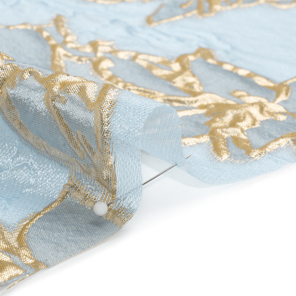 Metallic Gold and Sky Blue Floating Flowers Luxury Burnout Brocade - Folded Metallic Gold and Sky Blue Floating Flowers Luxury Burnout Brocade - Folded