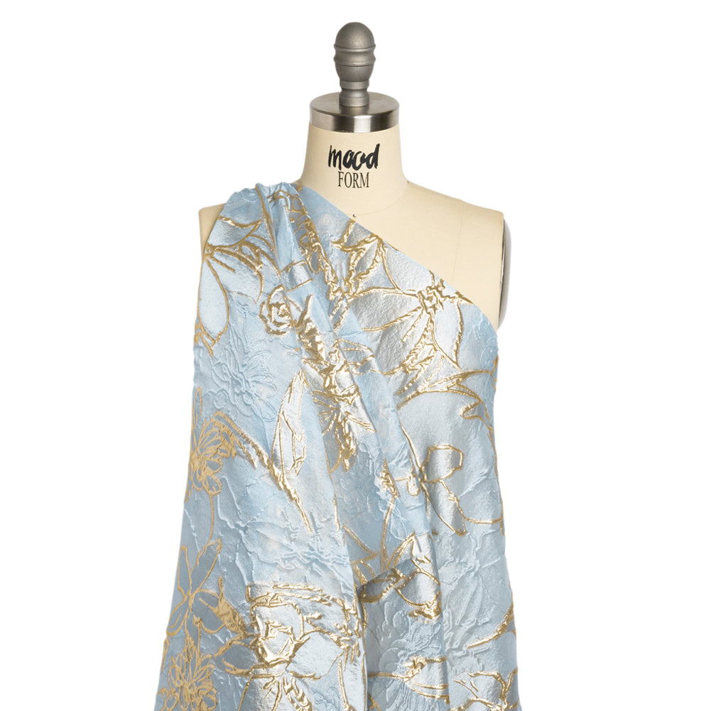 Metallic Gold and Sky Blue Floating Flowers Luxury Burnout Brocade - Detail Metallic Gold and Sky Blue Floating Flowers Luxury Burnout Brocade - Detail