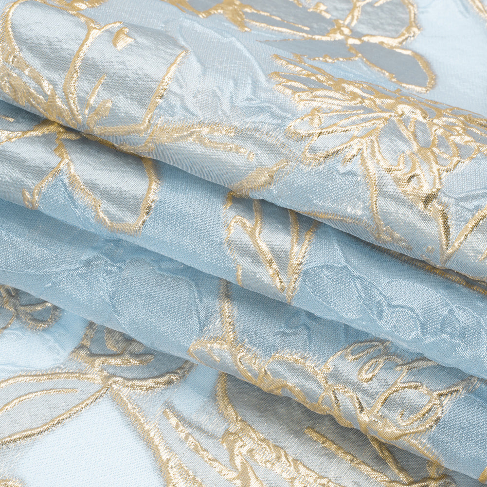 Metallic Gold and Sky Blue Floating Flowers Luxury Burnout Brocade - Full Metallic Gold and Sky Blue Floating Flowers Luxury Burnout Brocade - Full
