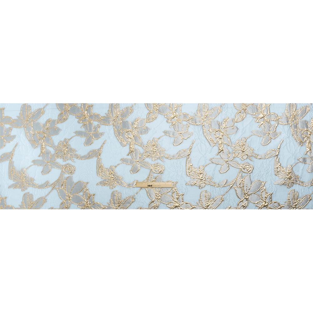 Metallic Gold and Sky Blue Floating Flowers Luxury Burnout Brocade - Drape Metallic Gold and Sky Blue Floating Flowers Luxury Burnout Brocade - Drape