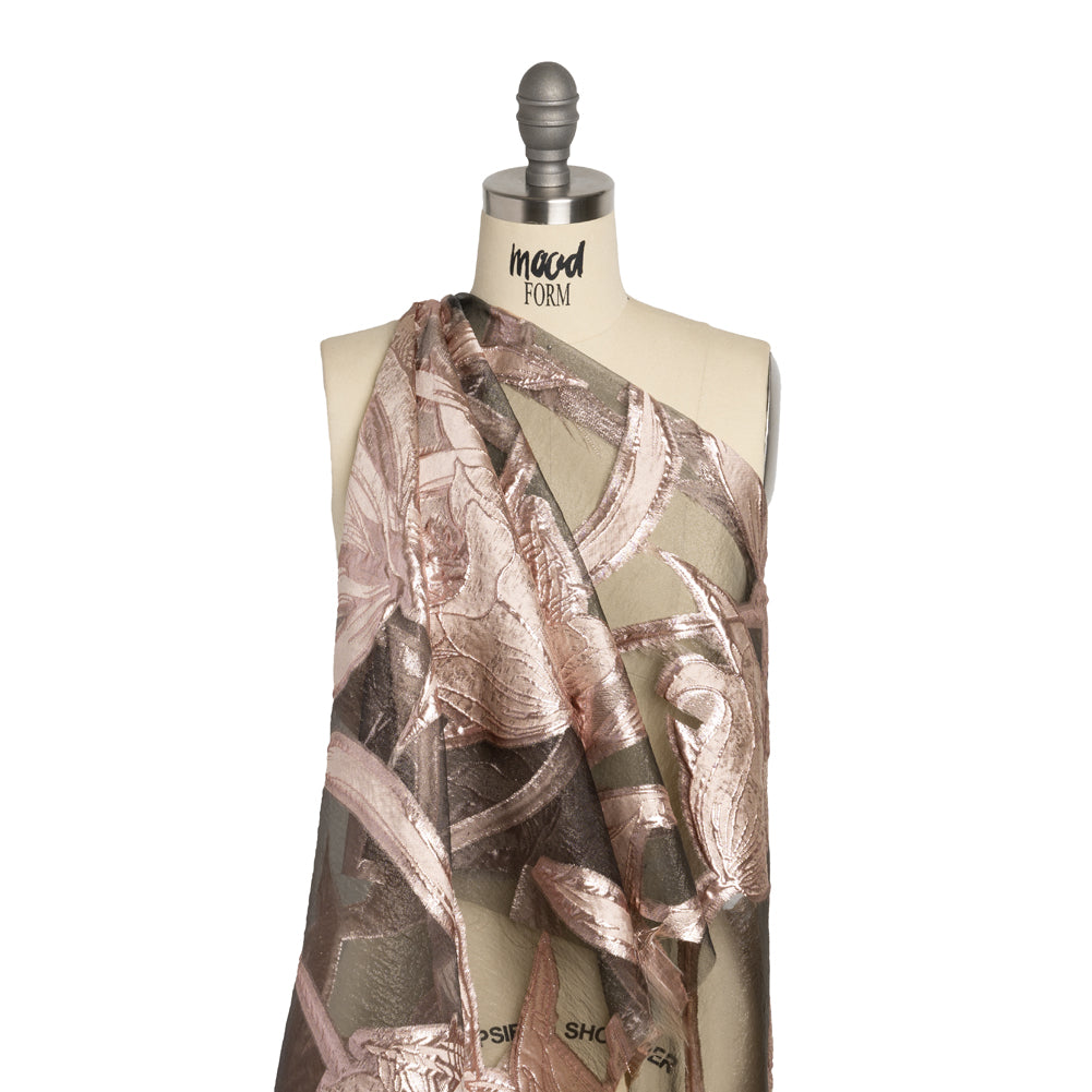 Metallic Rose Gold and Black Twirling Tulips Luxury Burnout Brocade - Detail Metallic Rose Gold and Black Twirling Tulips Luxury Burnout Brocade - Detail