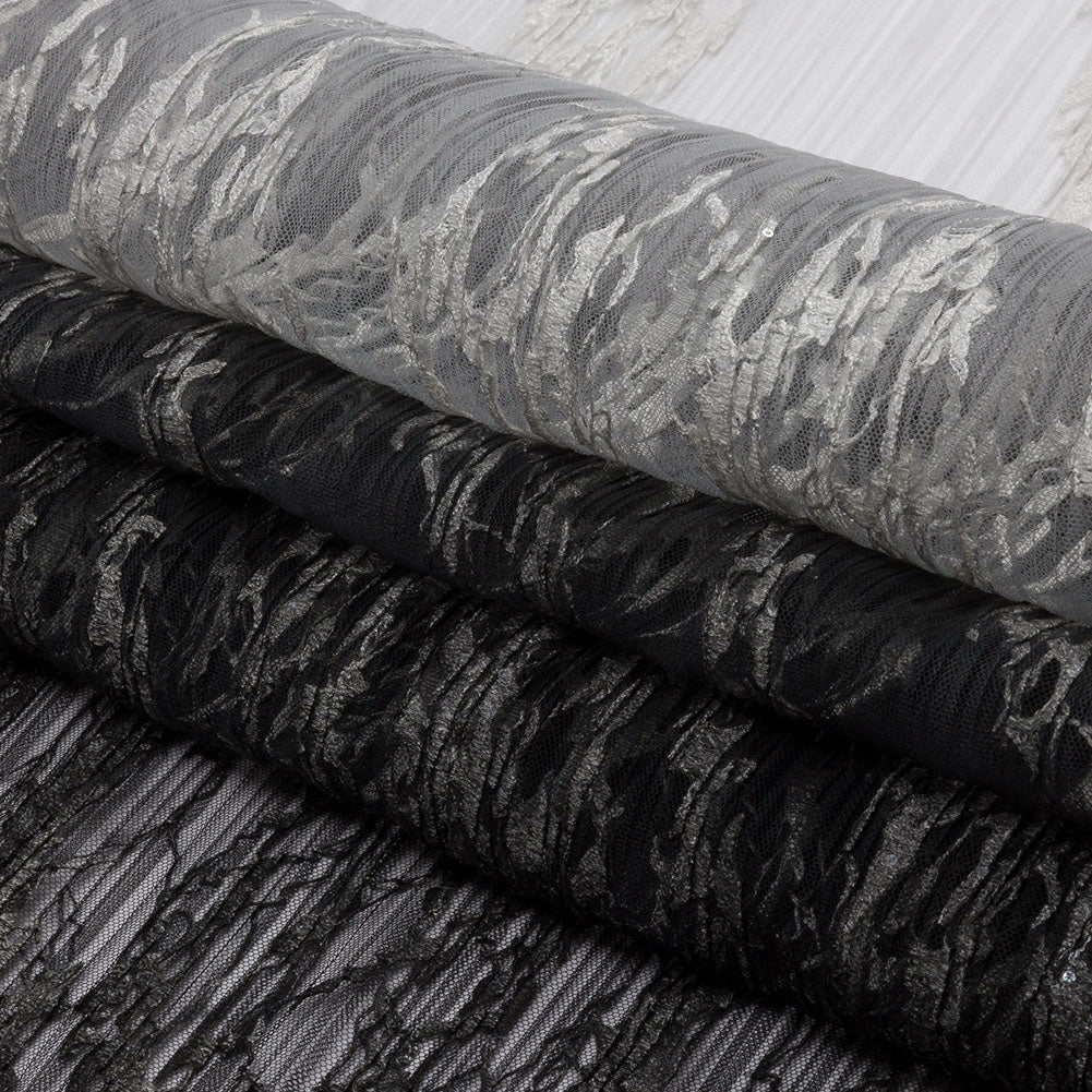 Sequoia Black, Gray and White Ombre Abstract Embroidered and Sequined Soft Pleated Tulle - Full Sequoia Black, Gray and White Ombre Abstract Embroidered and Sequined Soft Pleated Tulle - Full
