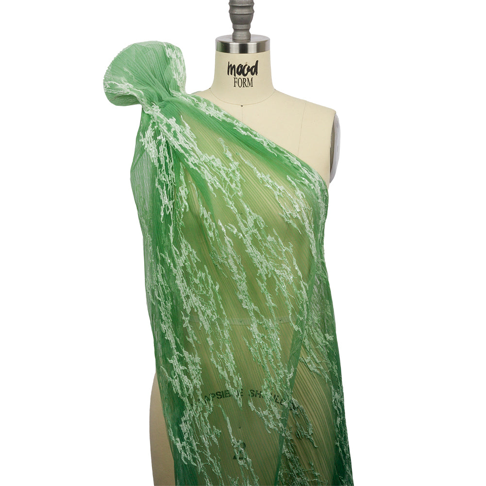Sequoia Mint, Green and White Ombre Abstract Embroidered and Sequined Soft Pleated Tulle - Detail Sequoia Mint, Green and White Ombre Abstract Embroidered and Sequined Soft Pleated Tulle - Detail