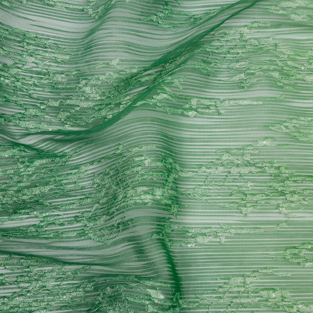 Sequoia Mint, Green and White Ombre Abstract Embroidered and Sequined Soft Pleated Tulle Sequoia Mint, Green and White Ombre Abstract Embroidered and Sequined Soft Pleated Tulle