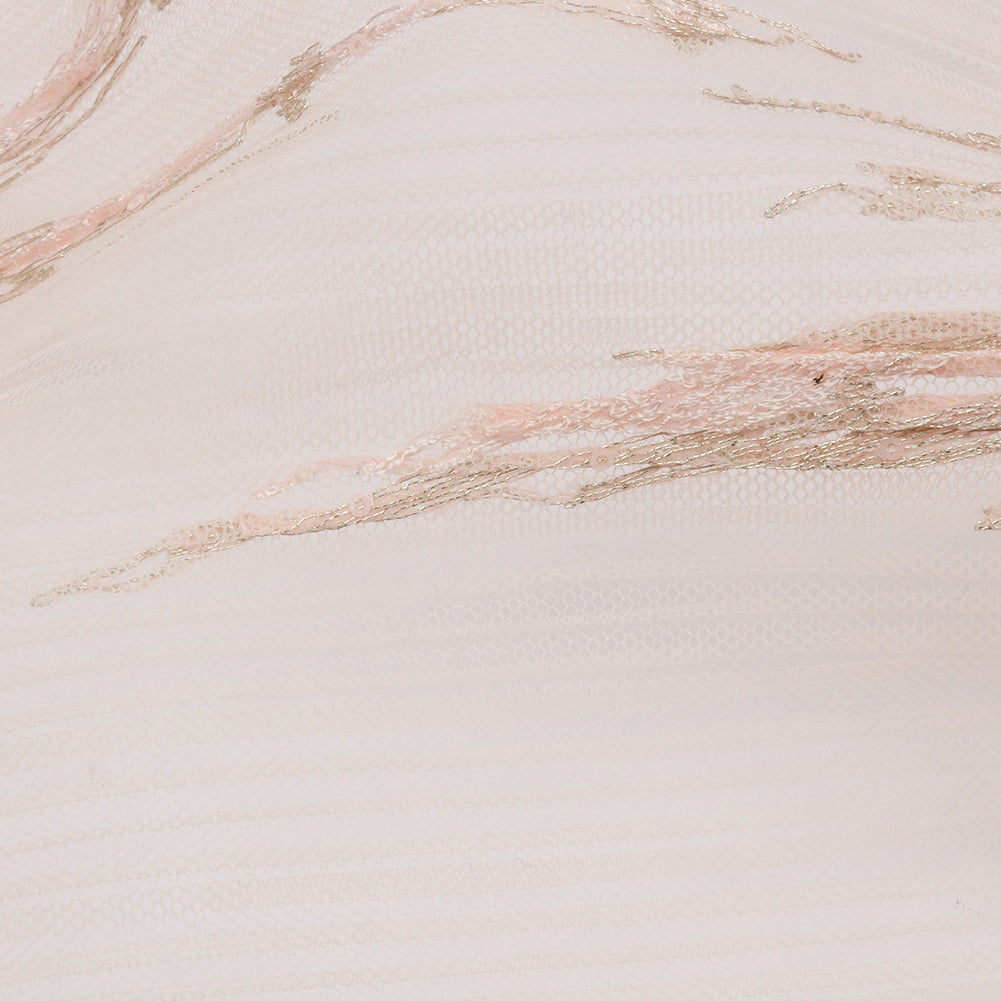 Embroidered Soft Pleated Tulle with Clear Baby Sequins - Blush Abstract - Linden Collection Folded Embroidered Soft Pleated Tulle with Clear Baby Sequins - Blush Abstract - Linden Collection Folded