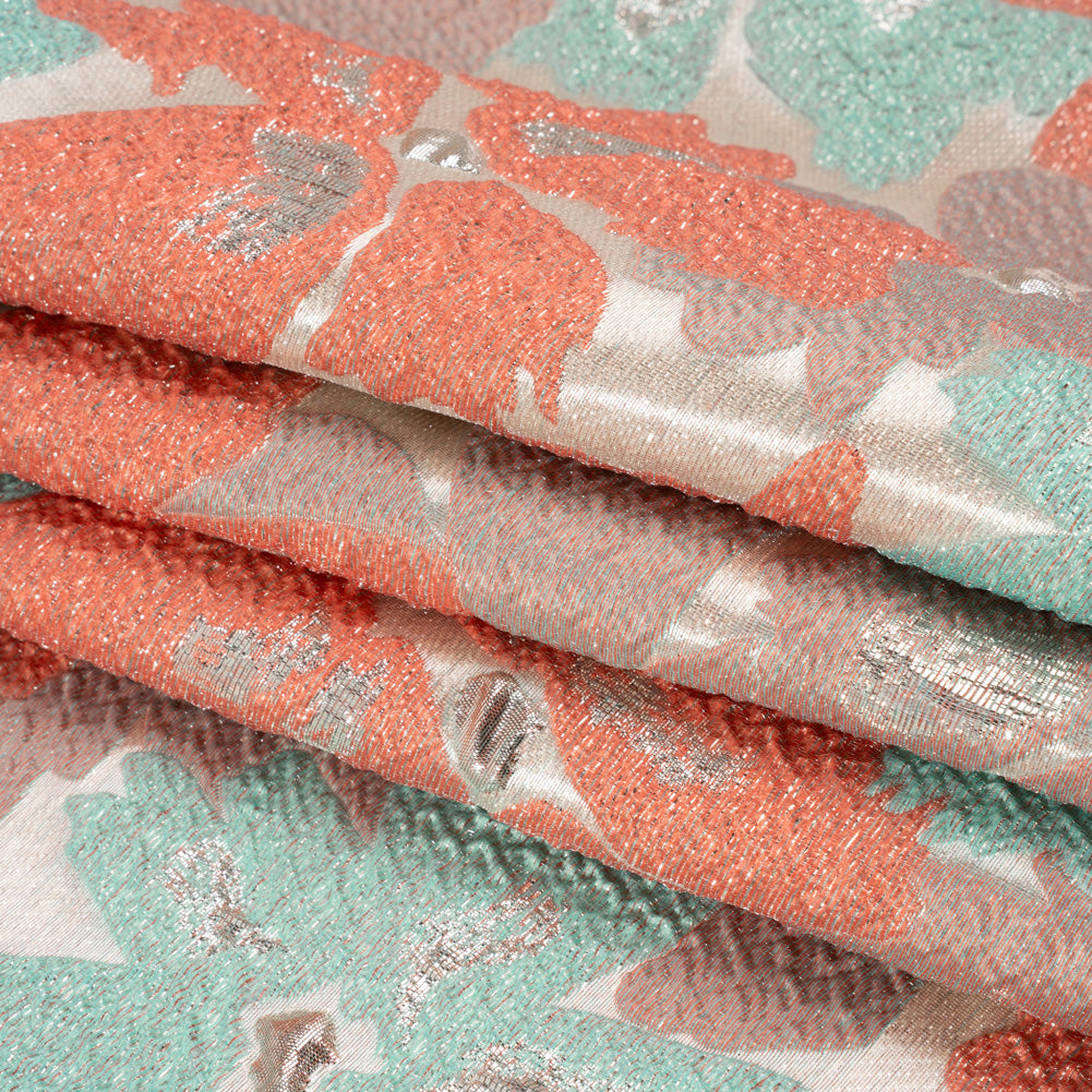 Metallic Silver, Coral and Turquoise Floating Blossoms Luxury Brocade - Full Metallic Silver, Coral and Turquoise Floating Blossoms Luxury Brocade - Full