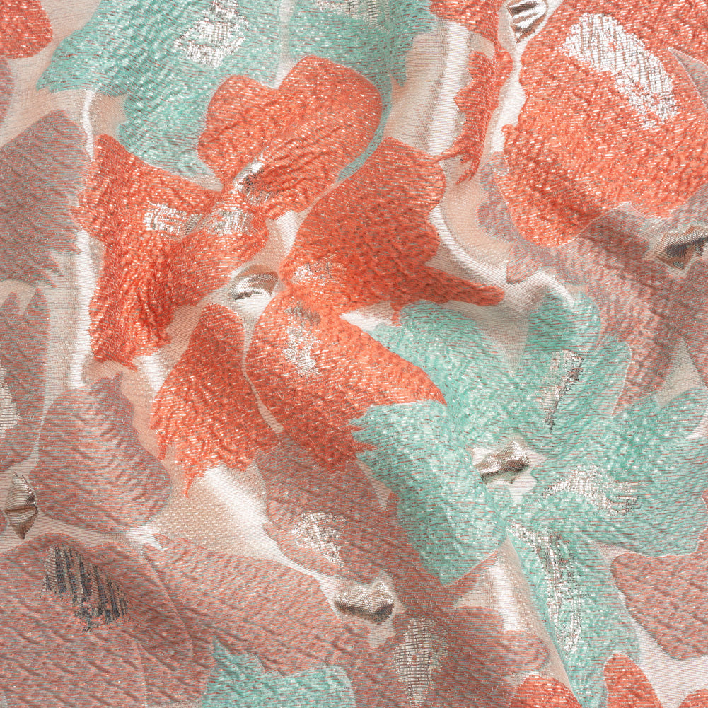 Metallic Silver, Coral and Turquoise Floating Blossoms Luxury Brocade Metallic Silver, Coral and Turquoise Floating Blossoms Luxury Brocade
