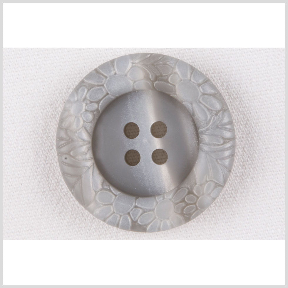 Plastic 4-Hole Button - 44L/28mm - Light Gray Streaked Floral Embossed Rim Plastic 4-Hole Button - 44L/28mm - Light Gray Streaked Floral Embossed Rim