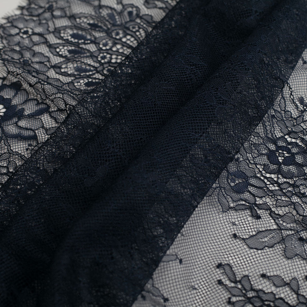 Navy Scallop-Edged Re-Embroidered Floral Lace - Folded Navy Scallop-Edged Re-Embroidered Floral Lace - Folded