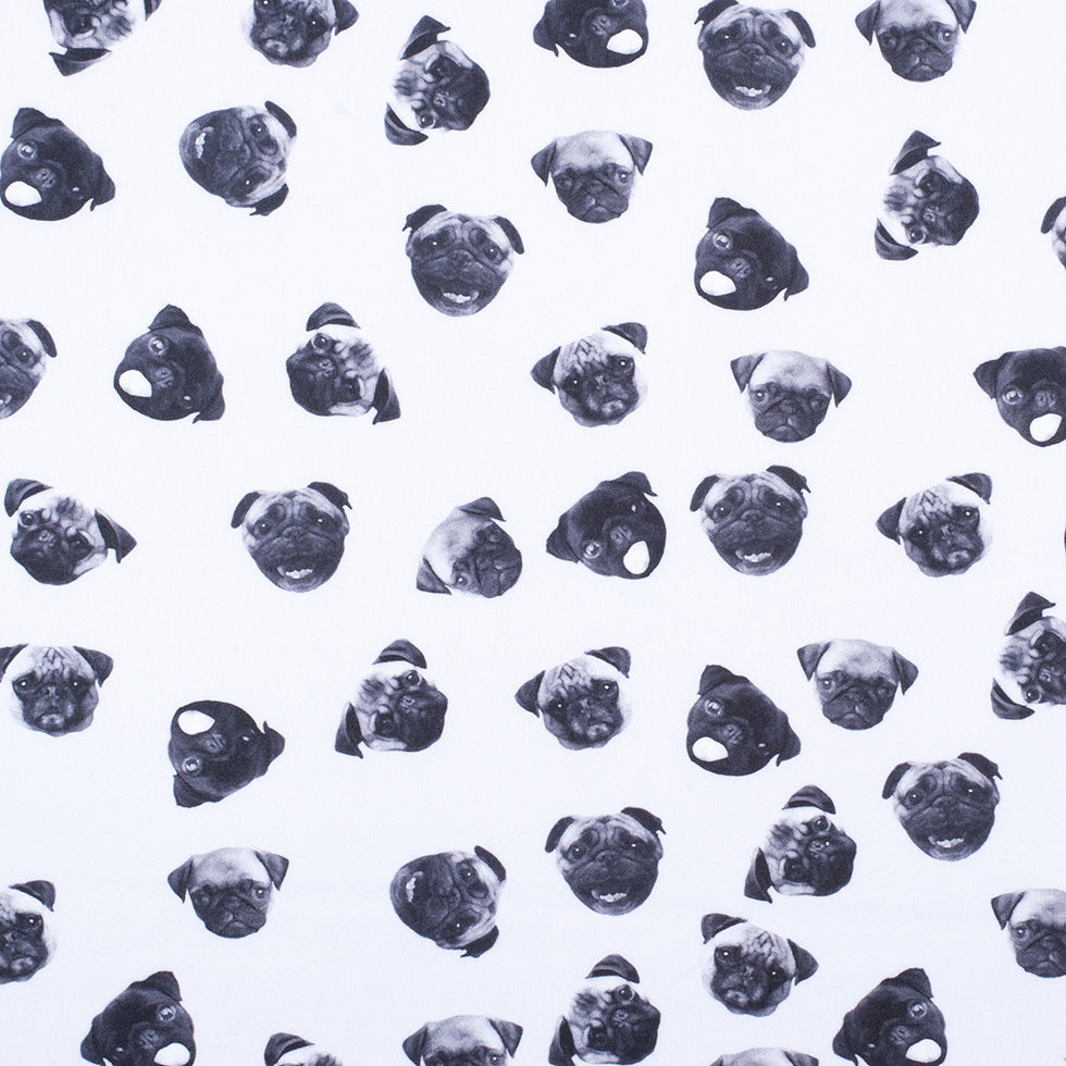 Black/White Digitally Printed Pugs Stretch Neoprene/Scuba Knit Black/White Digitally Printed Pugs Stretch Neoprene/Scuba Knit