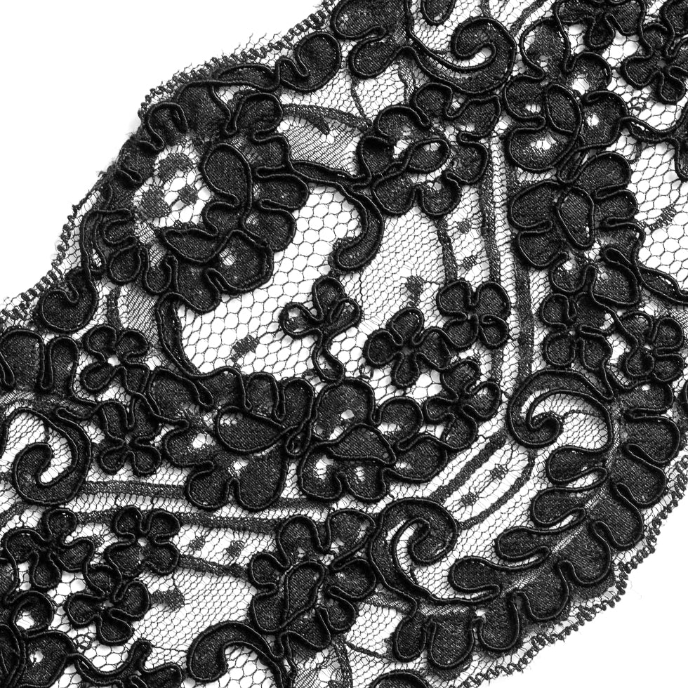 Black Floral Corded Lace Trim - 5" Detail Black Floral Corded Lace Trim - 5" Detail