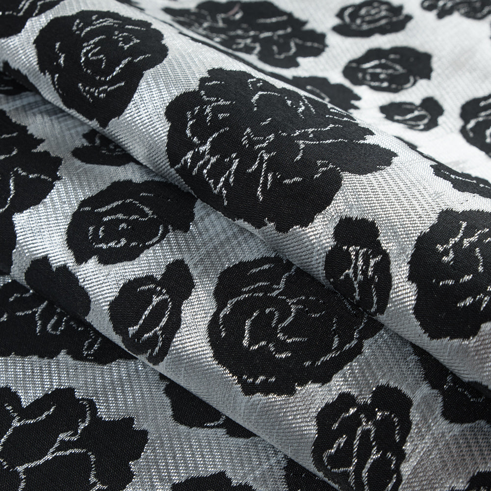 Metallic Silver/Pink Floral Polyester Brocade - Folded Metallic Silver/Pink Floral Polyester Brocade - Folded