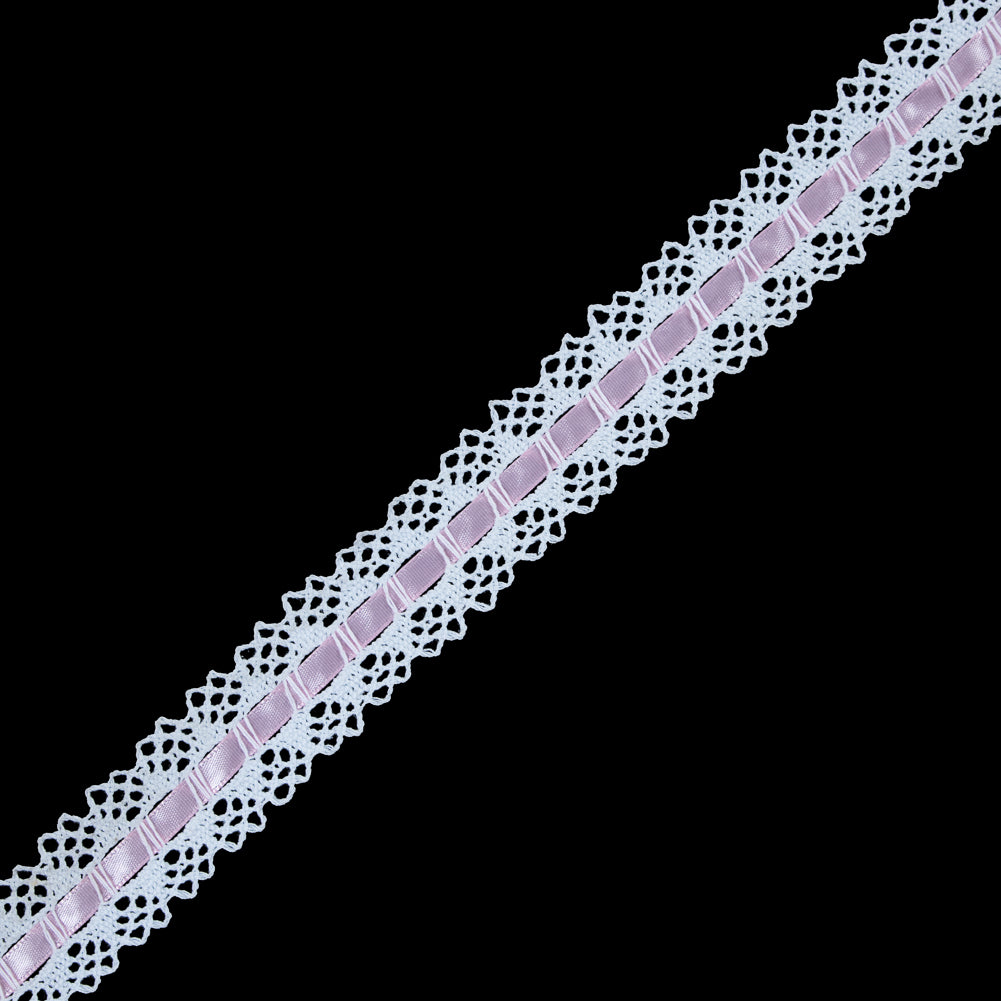 White Crochet Trim with Pink Ribbon - 1.25" White Crochet Trim with Pink Ribbon - 1.25"