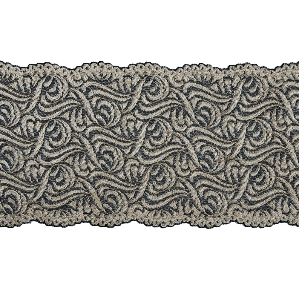 Alabaster Gleam and Black Stretch Lace Trim - 6.5" Alabaster Gleam and Black Stretch Lace Trim - 6.5"