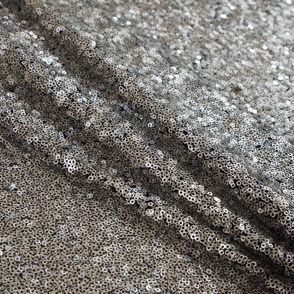 Jay Godfrey Pale Gold All-Over Circle Sequins Fabric on a Black Mesh Folded Jay Godfrey Pale Gold All-Over Circle Sequins Fabric on a Black Mesh Folded