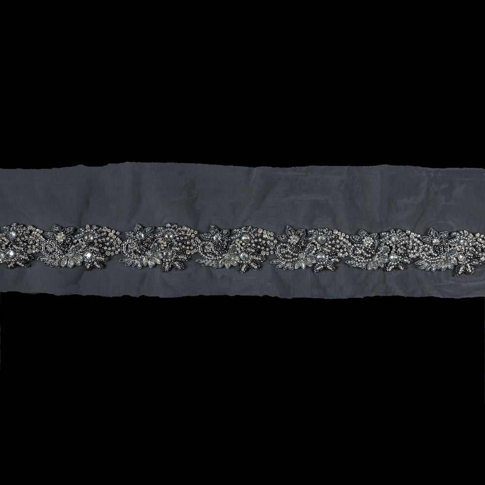 Pewter Gray Fancy Beaded Floral Rhinestone Trim - 2.5 Pewter Gray Fancy Beaded Floral Rhinestone Trim - 2.5