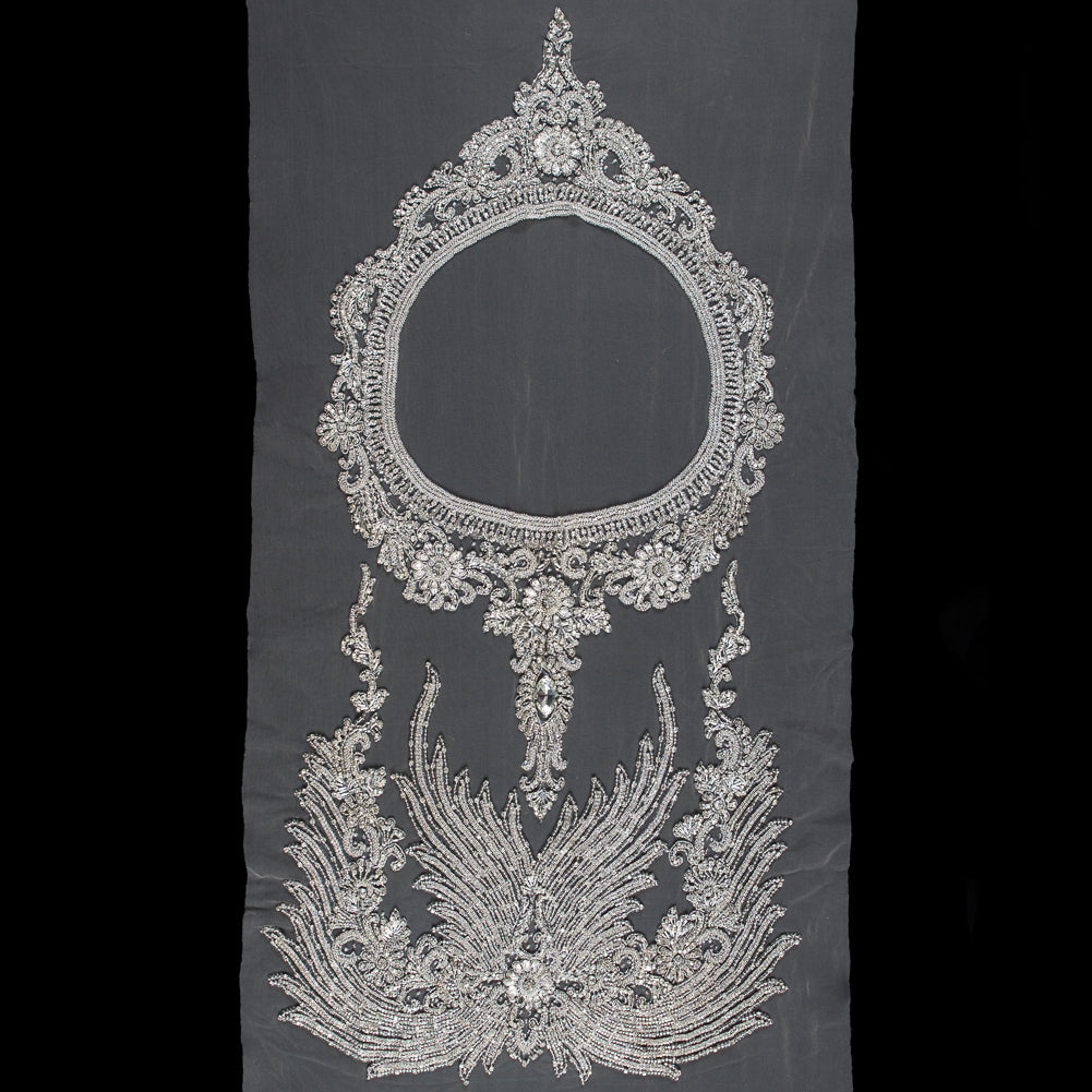 Fancy Silver Beaded Rhinestone Panel on a Nude Mesh - 37.5" x 19" Fancy Silver Beaded Rhinestone Panel on a Nude Mesh - 37.5" x 19"