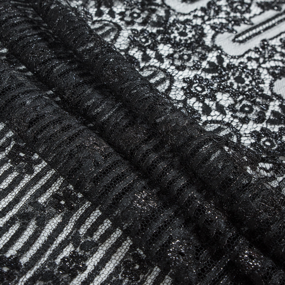 Metallic Lace with Eyelash Fringe Edges - Black Striped Floral - Made in France Folded Metallic Lace with Eyelash Fringe Edges - Black Striped Floral - Made in France Folded