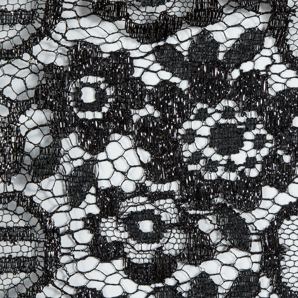 Metallic Lace with Eyelash Fringe Edges - Black Striped Floral - Made in France Detail Metallic Lace with Eyelash Fringe Edges - Black Striped Floral - Made in France Detail