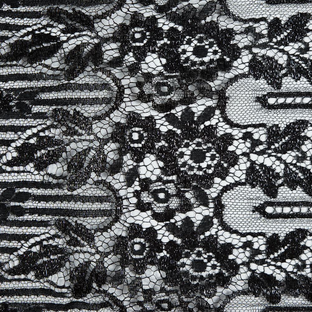 Metallic Lace with Eyelash Fringe Edges - Black Striped Floral - Made in France Metallic Lace with Eyelash Fringe Edges - Black Striped Floral - Made in France